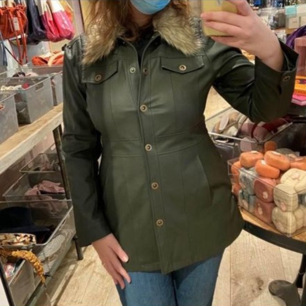 Olive Green Vegan Leather and Fur Jacket - Maeve Anthropologie